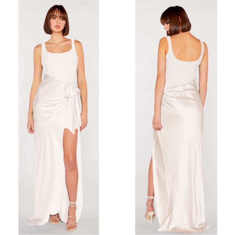 cinq a sept Cream Satin Maxi Dress with Side Tie & High Slit